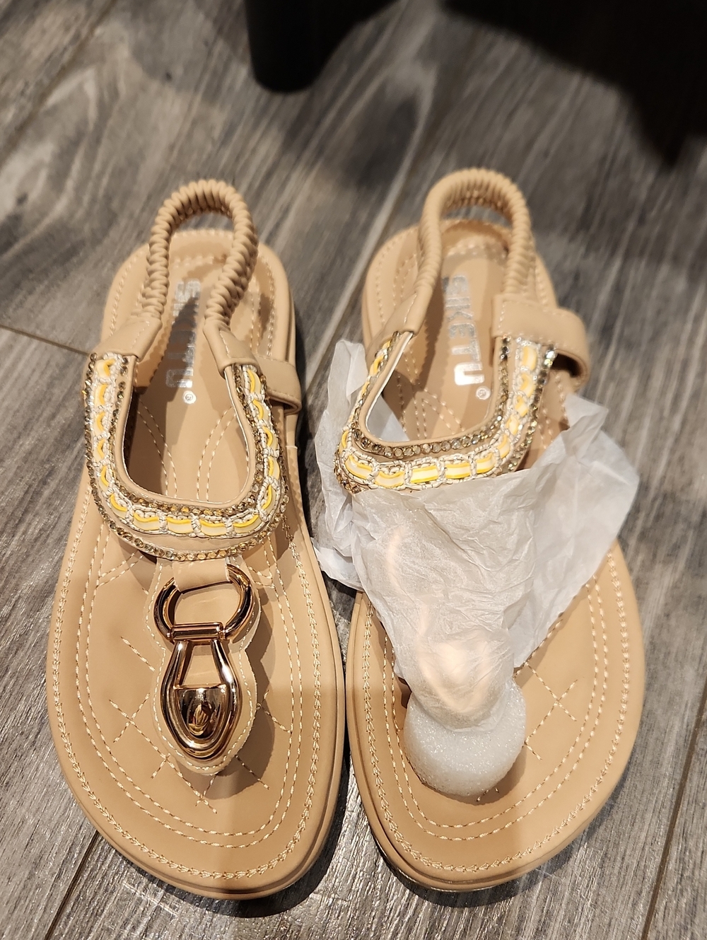 Beige Embellished Women's Slingback Sandals with Gold Hardware